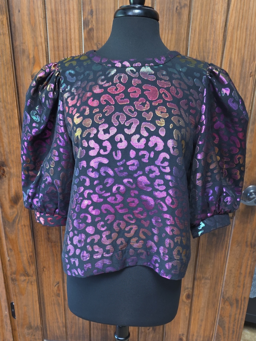 Emily Mcacarthy Metallic Leopard Puff-Sleeve Top - Black & Iridescent - Size M